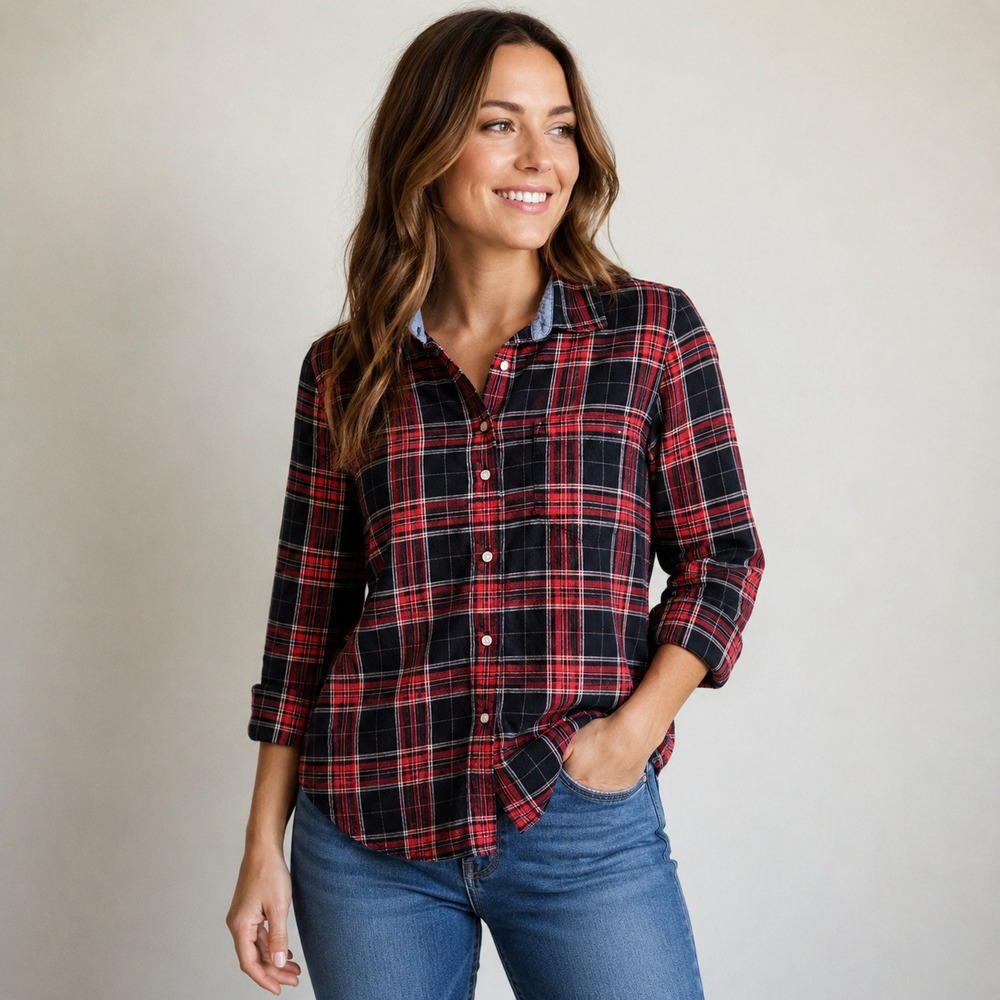 Tommy Hilfiger Plaid Flannel Shirt Womens Small Red Black Chore Utility Preppy